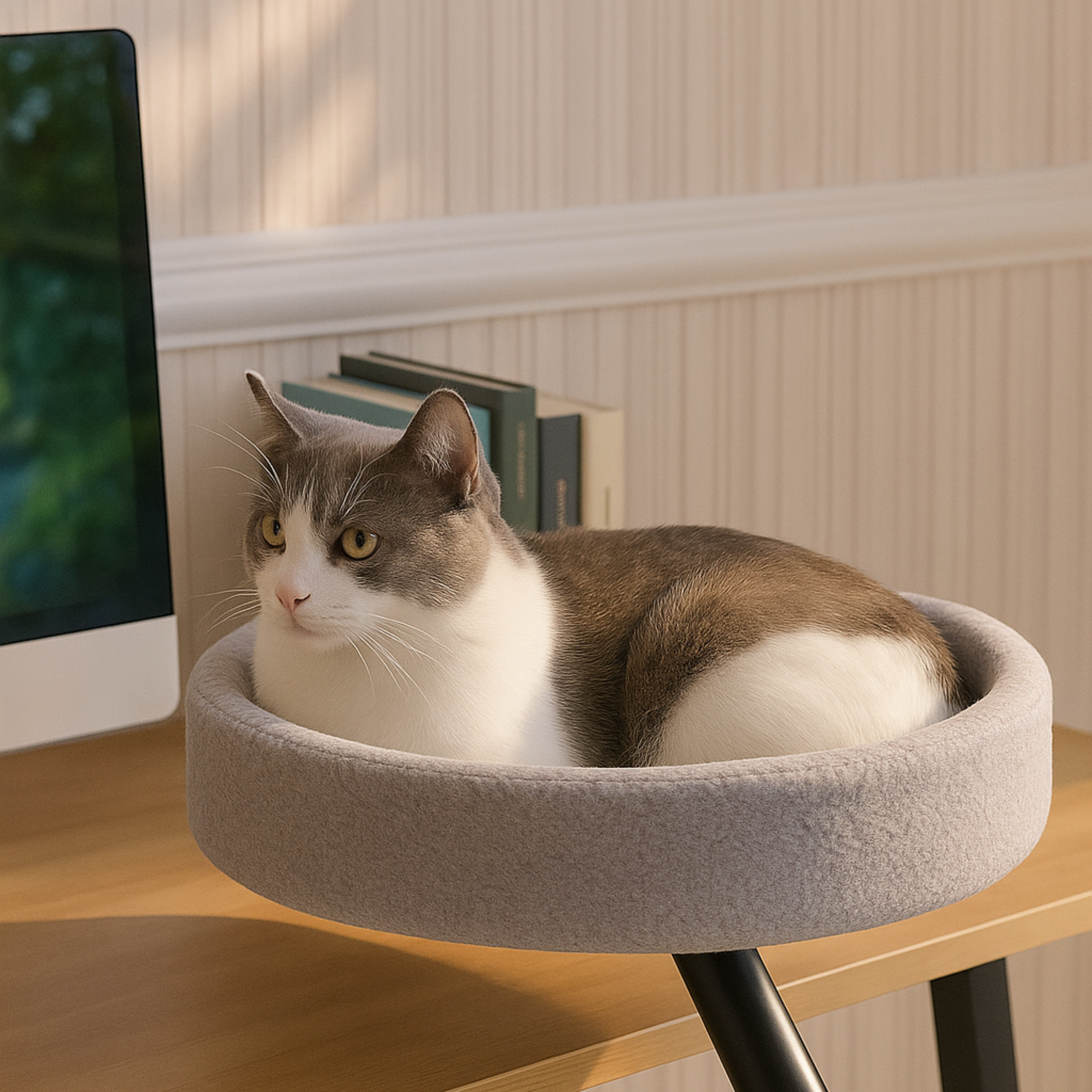 Lit Rond de Bureau pour Chat – Nid Doux et Confortable avec Hauteur Réglable et Cadre d’Escalade